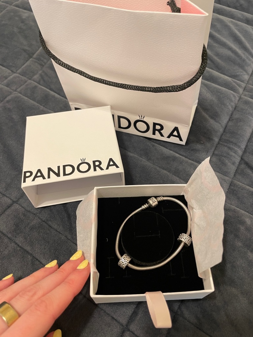 Pandora Silver Charm bracelet with spacer clip charms included
